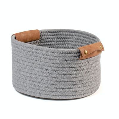 Round basket in gray cotton with handles in eco-leather cm 30x18h.