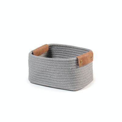Gray cotton basket with rectangular eco-leather handles 22x16x13h cm.