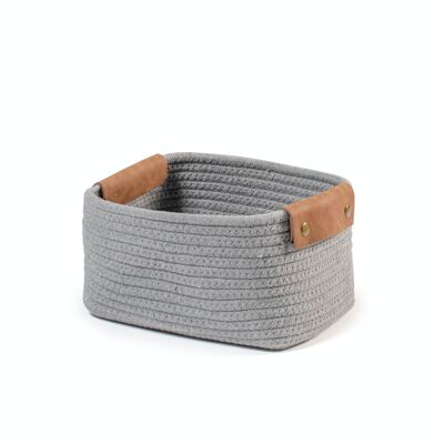 Gray cotton basket with rectangular eco-leather handles 26x20x15h cm.
