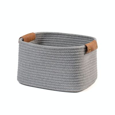 Gray cotton basket with rectangular eco-leather handles cm 30x24x18h.