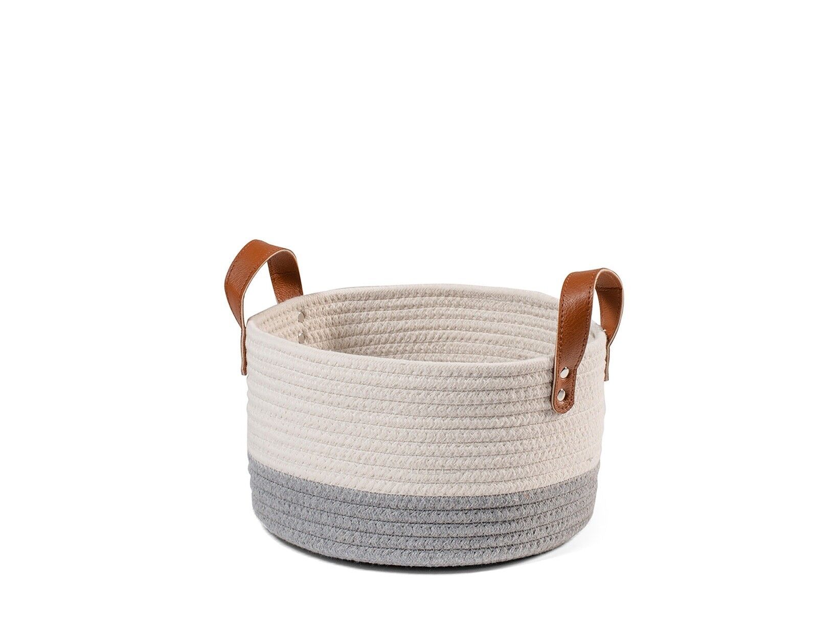 Cesta de algodón gris blanco con asas de ecopiel redonda cm 22x12h.