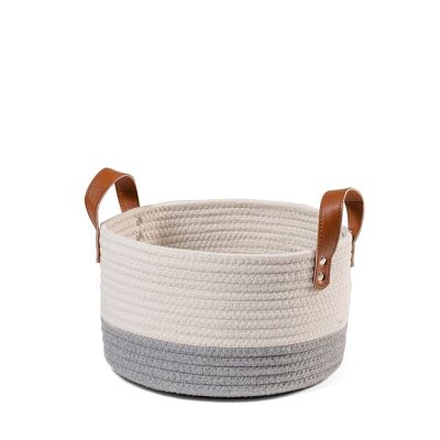 Cesta de algodón gris blanco con asas de ecopiel redonda cm 22x12h.