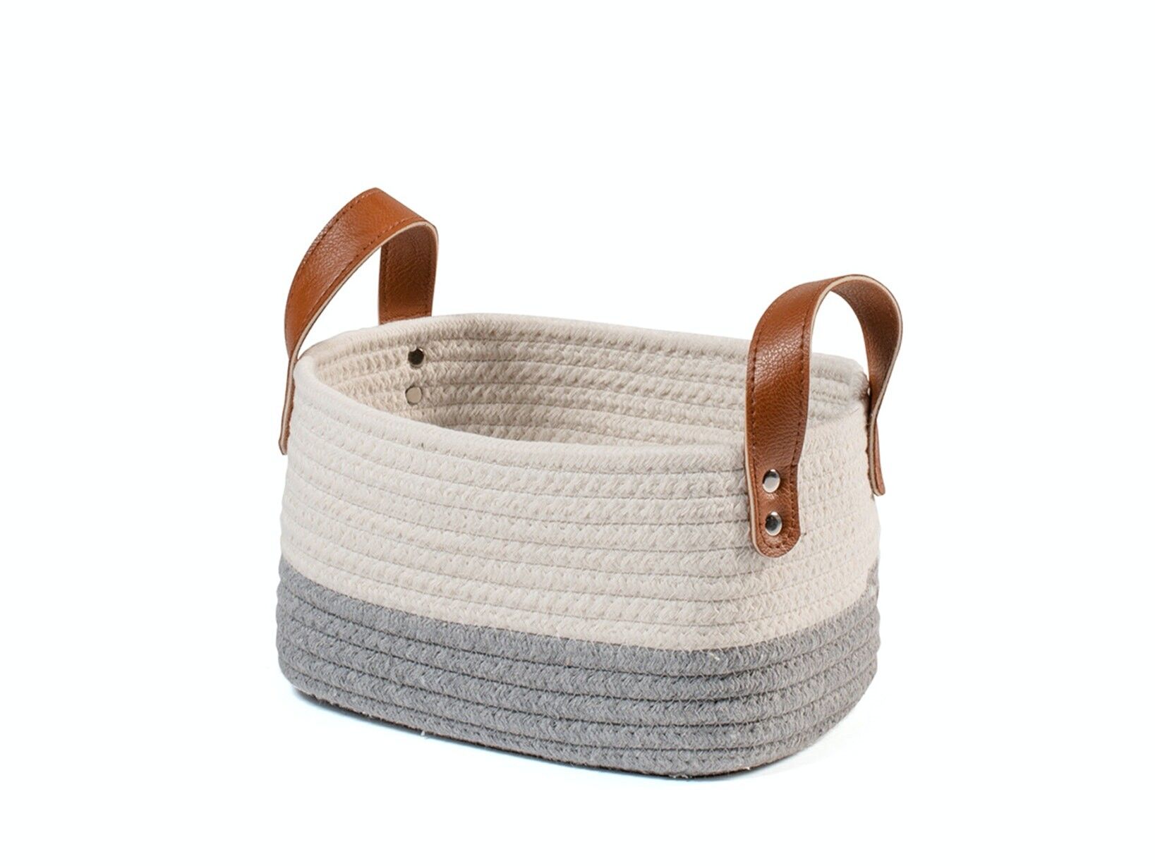 Cesta de algodón blanca y gris con asas rectangulares de ecopiel 26x20x15h cm.