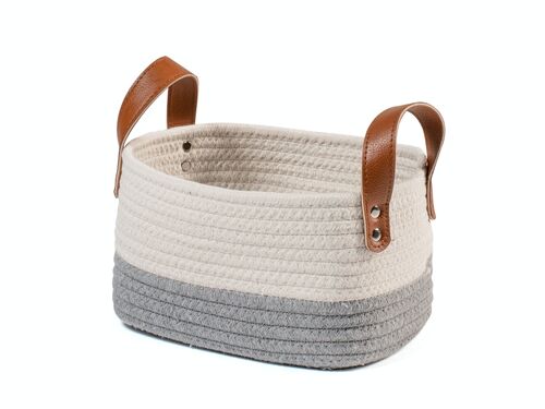 Cesto in cotone bianco e grigio con manici in ecopelle rettangolare cm 30x24x18h.