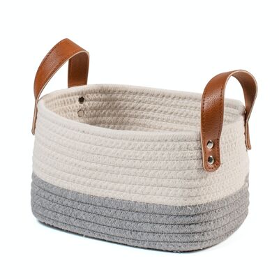 White and gray cotton basket with rectangular eco-leather handles cm 30x24x18h.