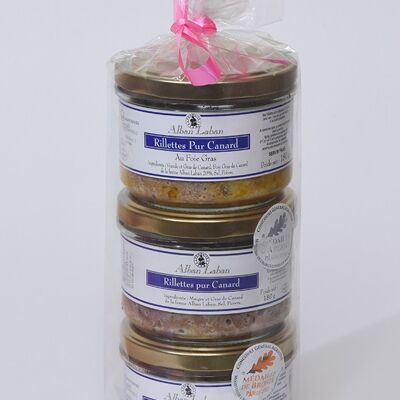 Assortimento di 3 rillettes di pura anatra, pepe di Espelette e foie gras