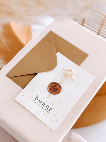 Carte postale fleur séchée & cachet de cire Bonne Année 2