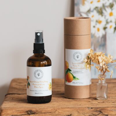 Spray d'oreiller à l'orange douce, à l'ylang-ylang, au patchouli et au citron vert