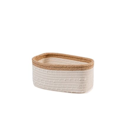 Beige cotton and jute basket with brown border 23x13x11 cm.