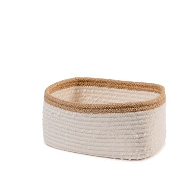 Beige cotton and jute basket with brown border 28x18x13h cm