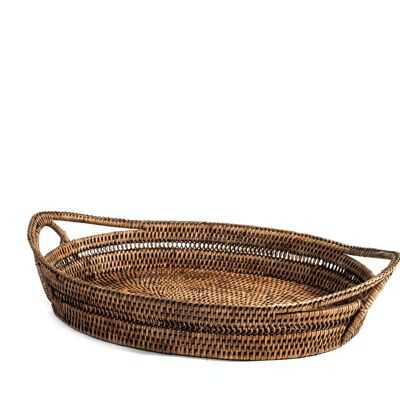 Oval rattan tray with handles 40x30x7h cm.