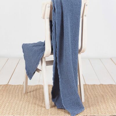 Linen waffle bed throw in Blue Gray