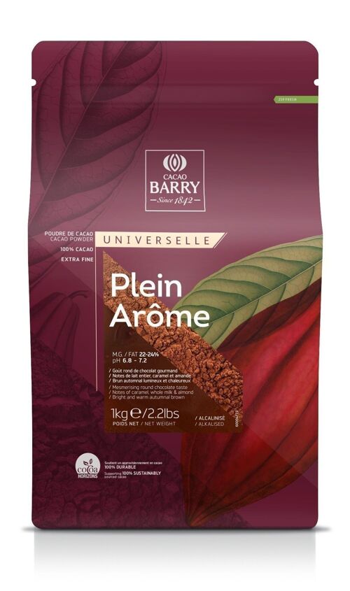 CACAO BARRY - PLEIN AROME - Poudre de Cacao : 100% cacao, riche en matière grasse, alcalinisée -1 kg