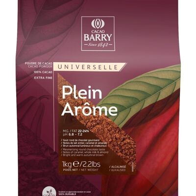 CACAO BARRY - PLEIN AROME - Poudre de Cacao : 100% cacao, riche en matière grasse, alcalinisée -1 kg