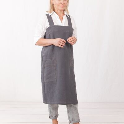 Japanese linen apron Blue Gray 1