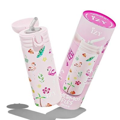 IZY Kinder x Pink Flamingo - 350 ml & Trinkflasche / Wasserflasche / Thermoskanne / Isolierflasche / Wasser / Schule / Tasse /