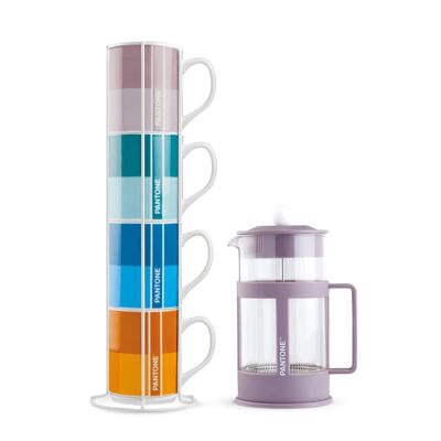 4 pc. Stackable mug with Metal Rack plus Purple French Press 1000 ML