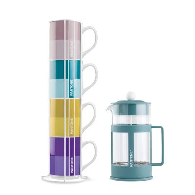 4 pc. Stackable mug with Metal Rack plus Blue French Press 1000 ML