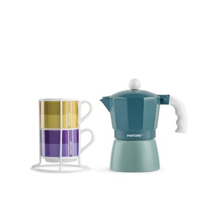 2 pc. Stackable Cofee Cup with Metal Rack plus Blue Cofee Maker 3 Cups.
