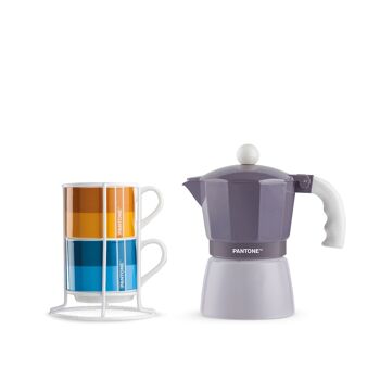 2 pièces. Tasse à café empilable avec support en métal et cafetière violette 3 tasses. 1