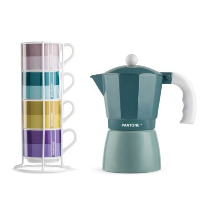 4 pc. Stackable Cofee Cup with Metal Rack plus Blue Cofee Maker 6 Cups.
