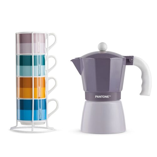 4 pc. Stackable Cofee Cup with Metal Rack plus Purple Cofee Maker 6 Cups.