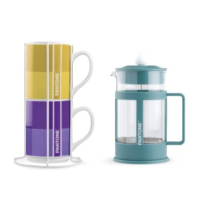 2 pc. Stackable mug with Metal Rack plus Blue French Press 600 ML