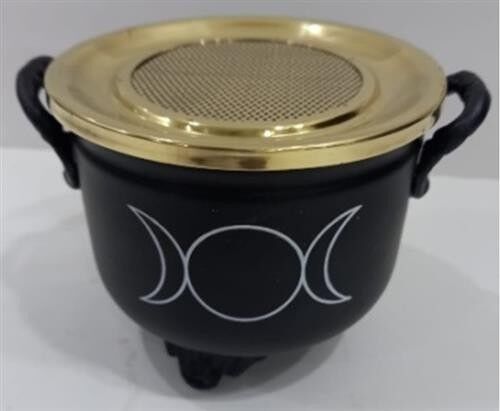 Black Cauldron Triple Moon 10x11cm with brass Lid
