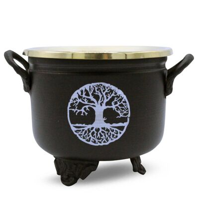 Chaudron noir Arbre de vie blanc 10x11cm avec couvercle en laiton