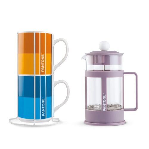 2 pc. Stackable mug with Metal Rack plus Purple French Press 600 ML