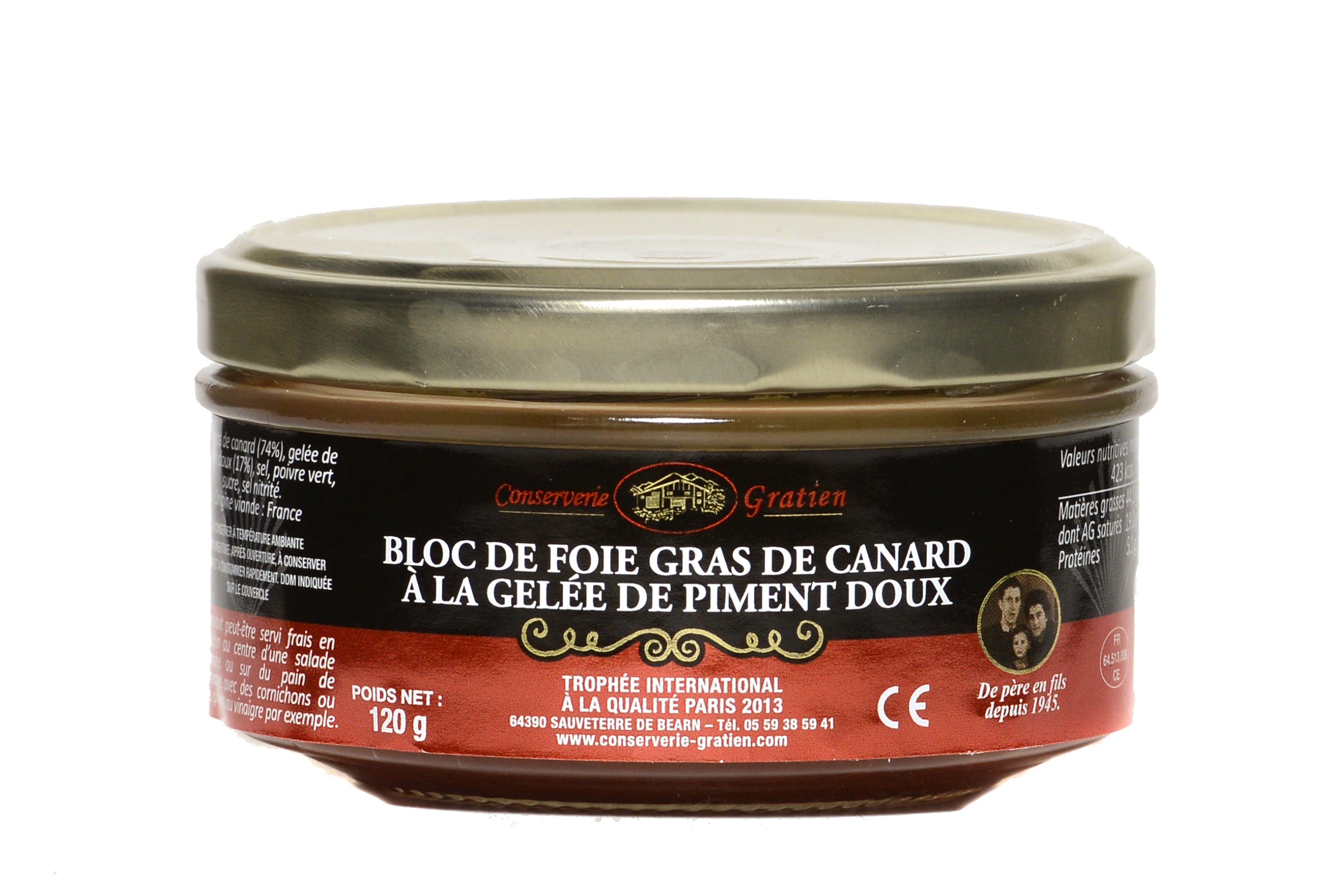 Blocco di foie gras d'anatra con gelatina di peperoni dolci, conserve GRATIEN, verrina da 120 g
