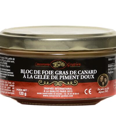 Bloque de foie gras de pato con gelatina de pimiento dulce, conservera GRATIEN, vaso 120g