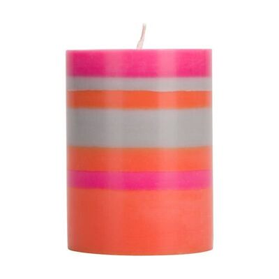 Petite bougie pilier rayée flamme orange, saule et Neyron de 10 cm