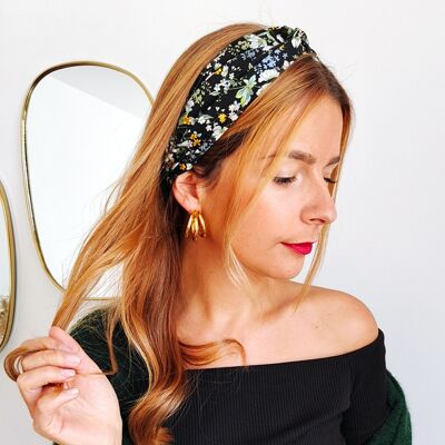 Headband EGLANTINE / coton bio noir imprimé fleurs