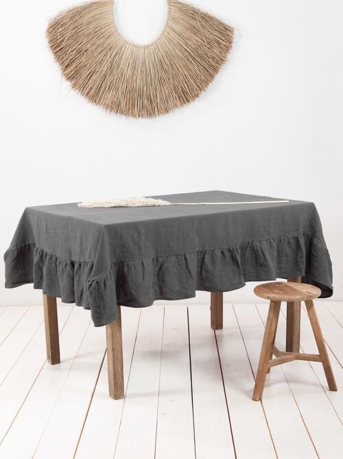 Ruffled linen tablecloth in Charcoal - 92x92" / 235x235 cm