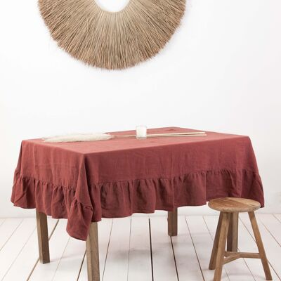 Ruffled linen tablecloth in Terracotta - 92x92" / 235x235 cm