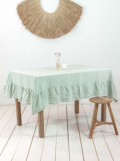 Ruffled linen tablecloth in Sage Green - 59x39" / 150x100 cm