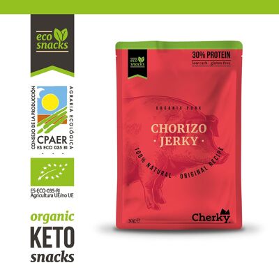 Cherky ECO Chorizo Jerky 30g. Snack au porc biologique ; Sans sucre, sans additifs, sans conservateurs, sans lactose