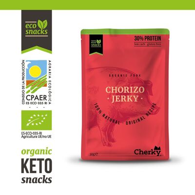 Cherky ECO Chorizo Jerky 30g. Bio-Schweinefleisch-Snack; Kein Zucker, keine Zusatzstoffe, keine Konservierungsstoffe, keine Laktose