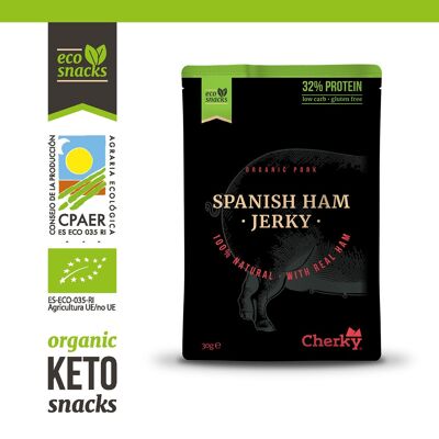 Cherky ECO Jambon Espagnol Jerky 30g. Snack au porc biologique ; Sans sucre, sans additifs, sans conservateurs, sans lactose