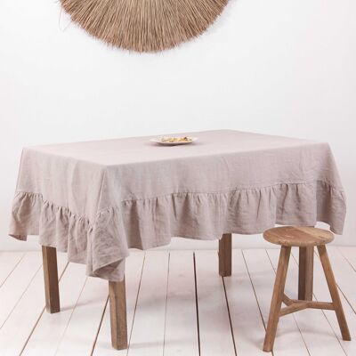 Ruffled linen tablecloth in Beige - 59x39" / 150x100 cm