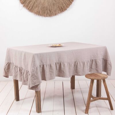 Ruffled linen tablecloth in Beige - 59x110" / 150x280 cm