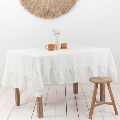 Ruffled linen tablecloth in White - 59x98" / 150x250 cm