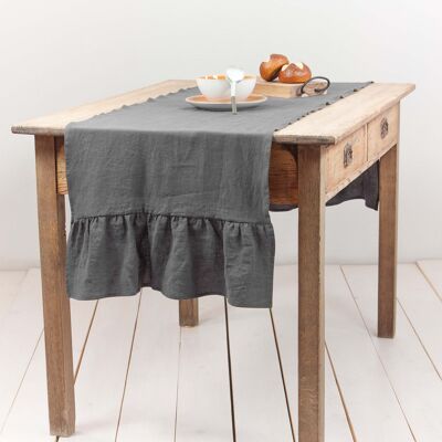 Linen ruffled table runner in Charcoal - 40x200 cm / 16x79"