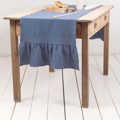 Linen ruffled table runner in Blue Gray - 40x200 cm / 16x79"
