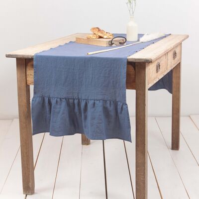 Linen ruffled table runner in Blue Gray - 40x250 cm / 16x98"