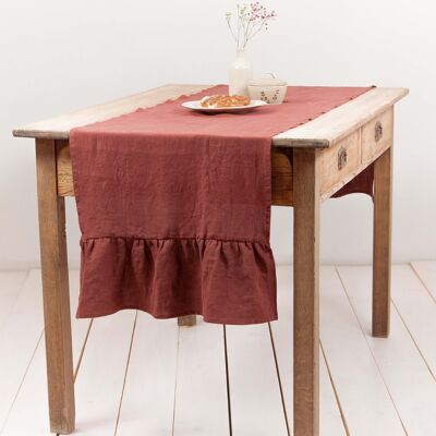 Linen ruffled table runner in Terracotta - 40x150 cm / 16x59"