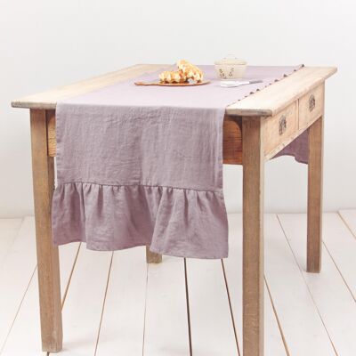 Linen ruffled table runner in Dusty Lavender - 40x250 cm / 16x98"