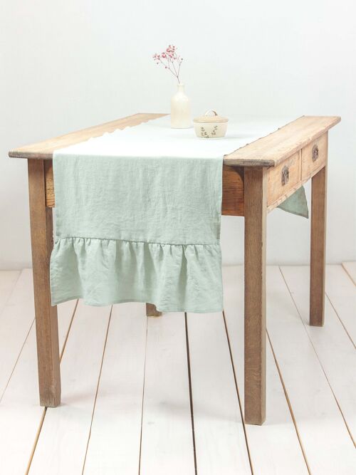 Linen ruffled table runner in Sage Green - 40x150 cm / 16x59"
