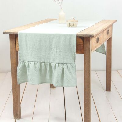 Linen ruffled table runner in Sage Green - 40x200 cm / 16x79"